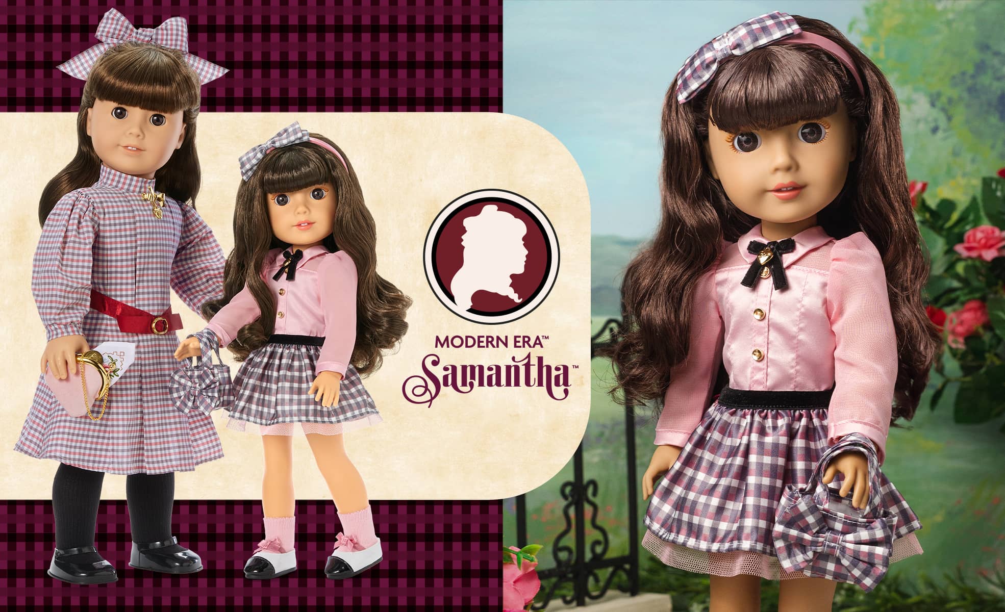 Image of American Girl and Modern Era Samantha doll standing side by side
