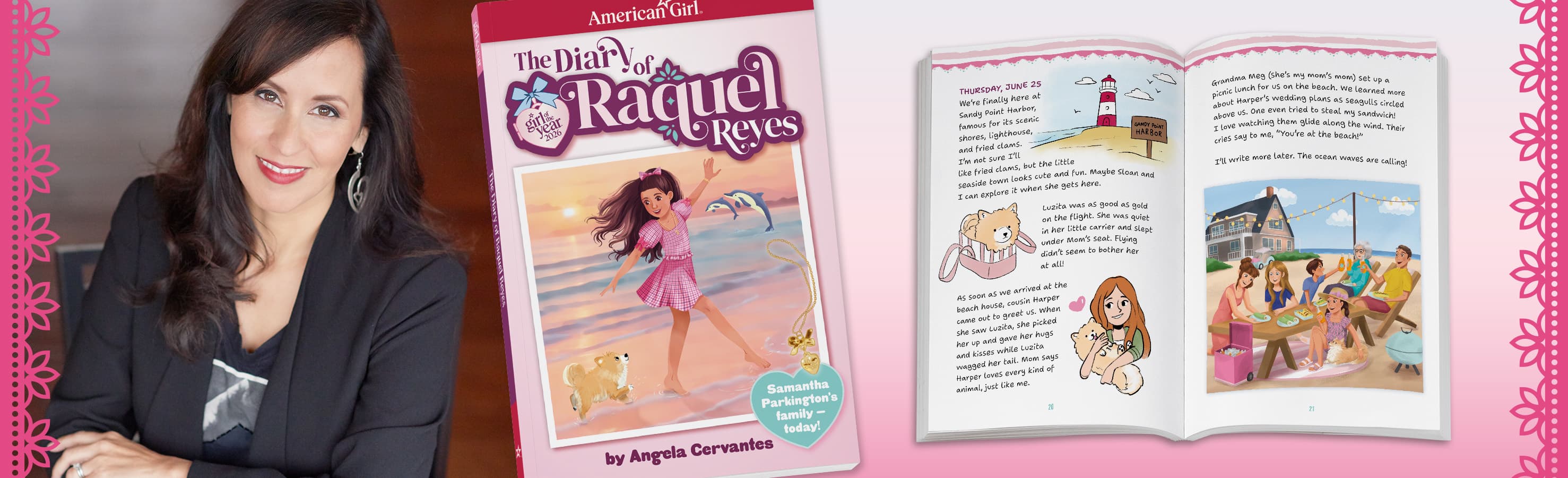 Author Angela Cervantes and pages from The Diary of Raquel Reyes