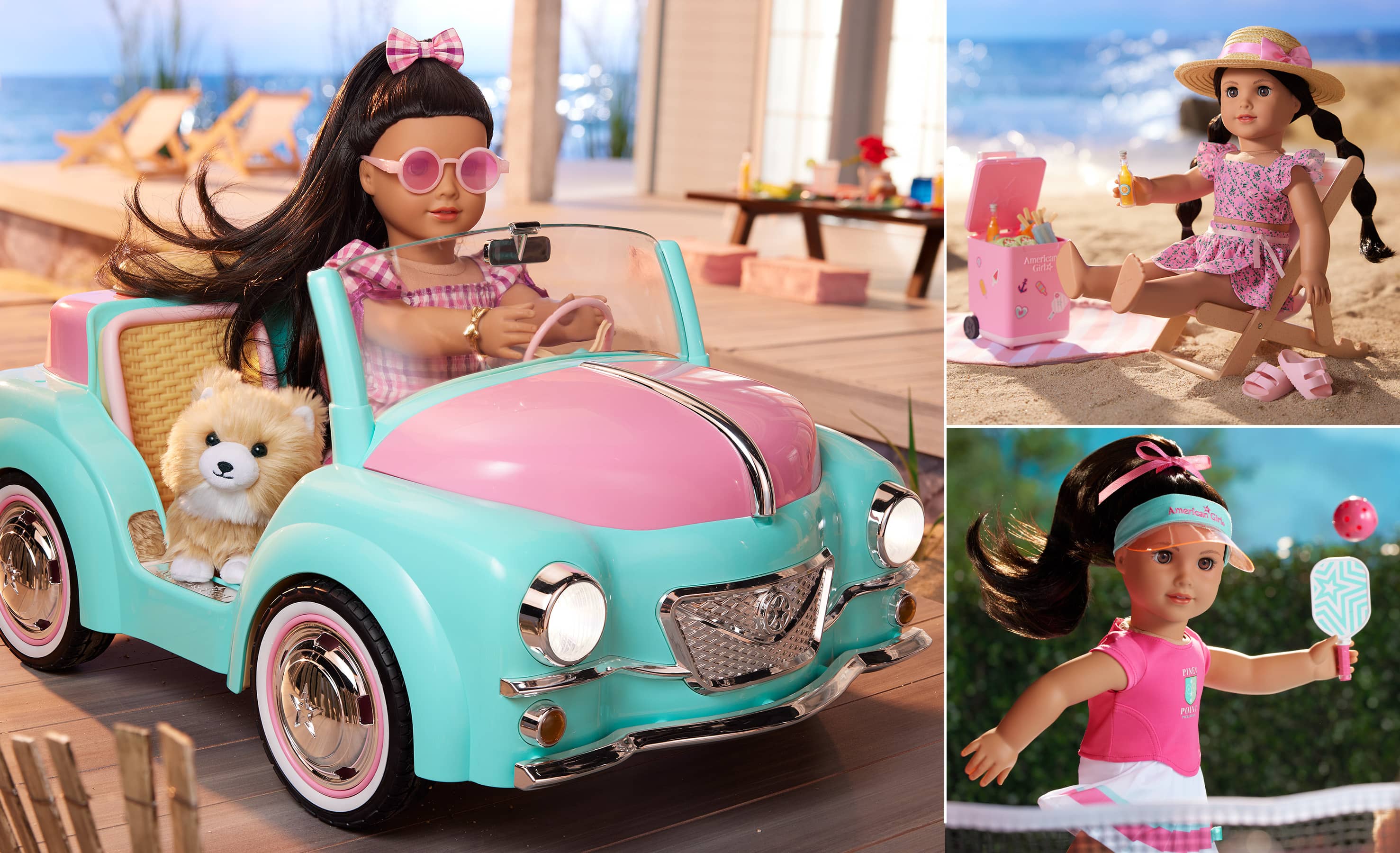 Raquel driving her blue beach car