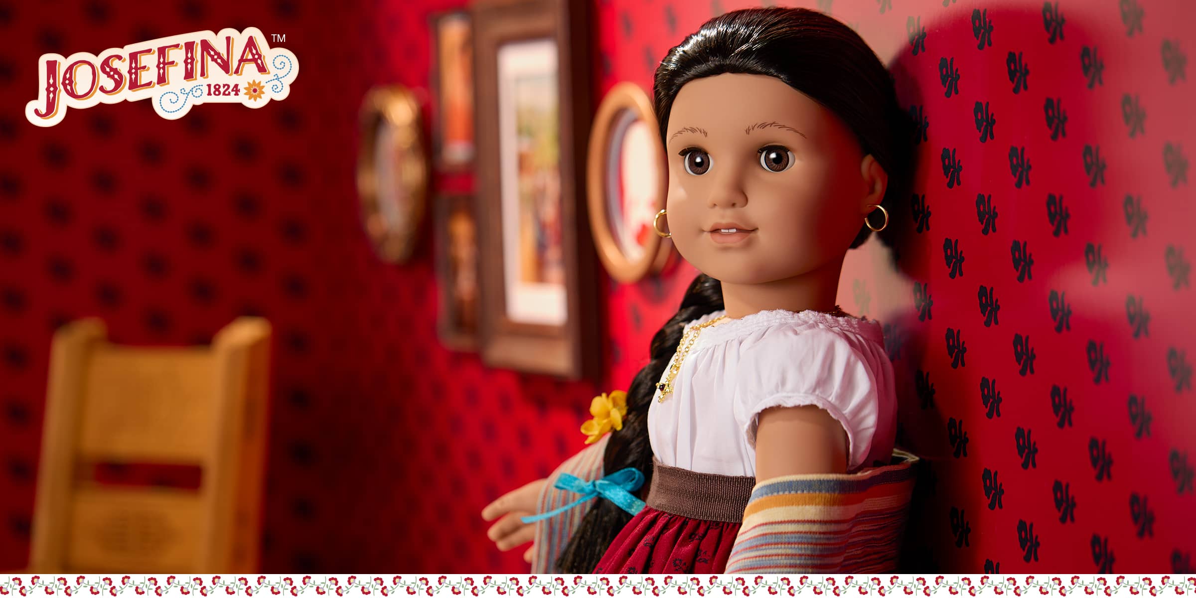 Josefina Montoya doll leaning against a wall in her home