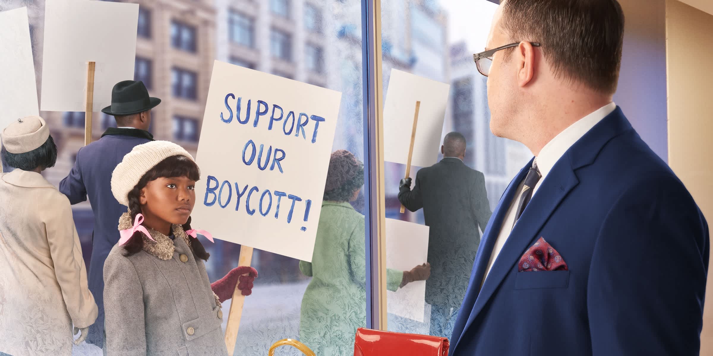 Melody Ellison boycotting the bank with signs and other protestors