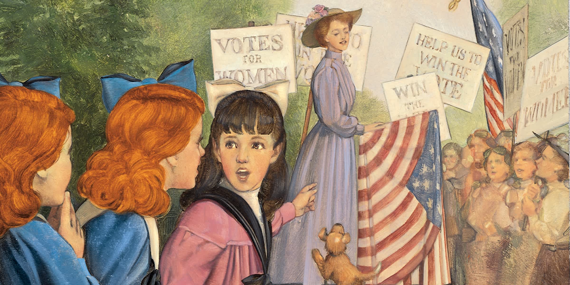 Illustrated image of Samantha Parkington at a suffragette rally